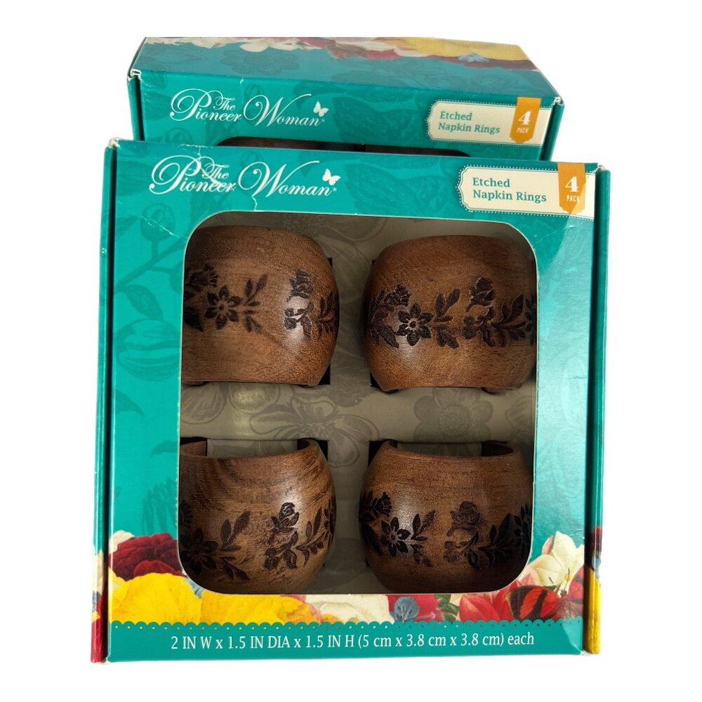 Pioneer Woman Etched Wooden Napkin Rings Floral Design, 2 Sets of 4 NIB